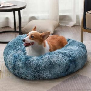 imageLuciphia Round Dog Cat Bed Donut Cuddler Faux Fur Plush Pet Cushion for Large Medium Small Dogs SelfWarming and Cozy for Improved Sleep Dark Grey Medium23quotx23quotGradient Blue